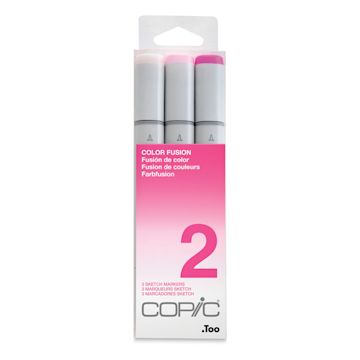 Open in modal - Copic Sketch Markers, Set of 3. Color Fusion 2 set. Front of package, light to dark pink colors.