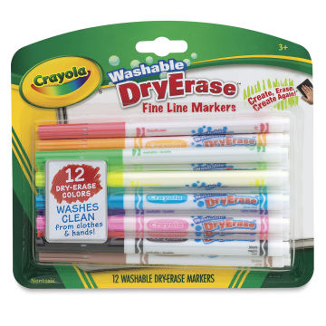 Crayola Washable Dry Erase Markers - Front of blister package of 12 pc Fine tip Markers
