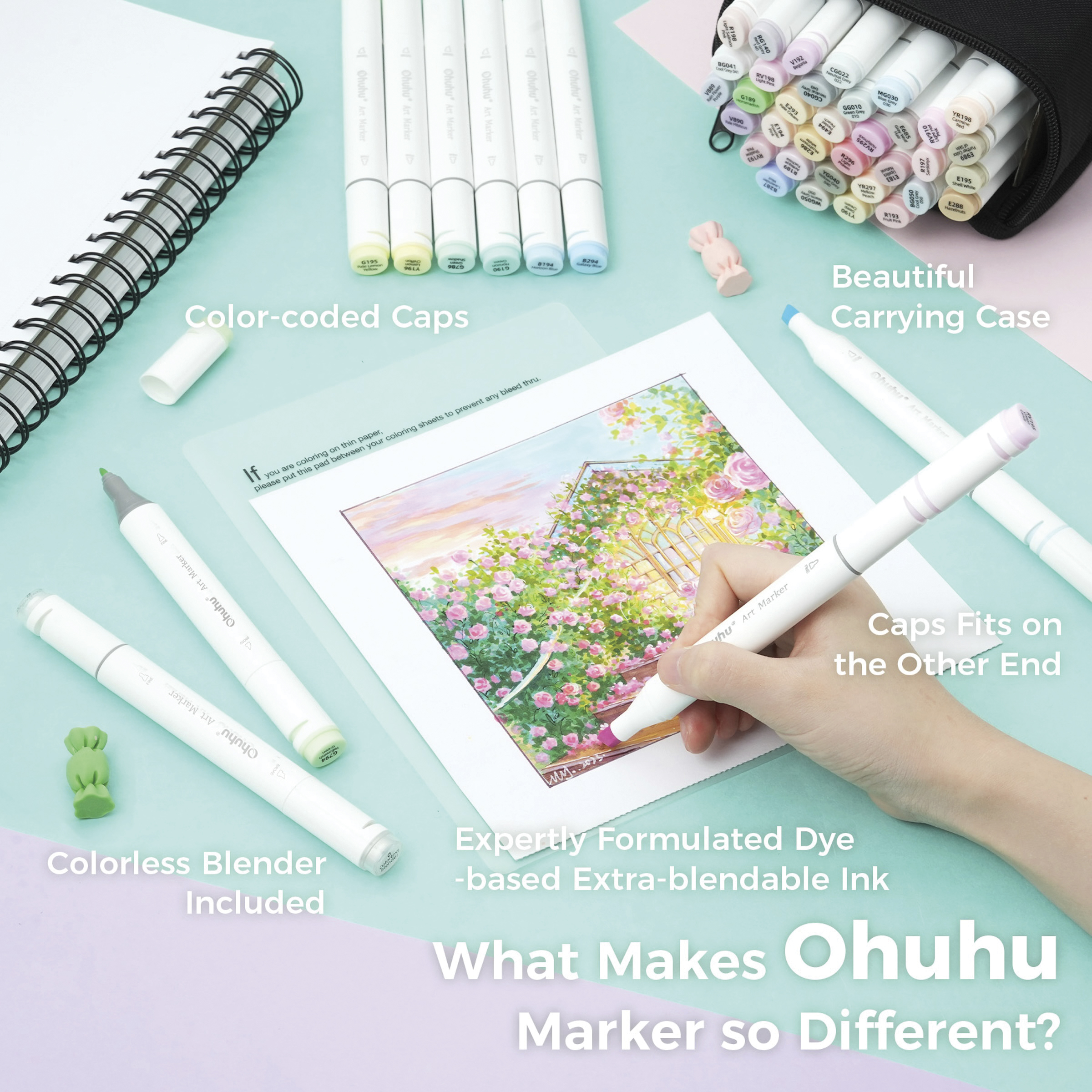 Ohuhu Oahu Dual-Tip Marker Set - Set of 48, Pastel Colors | BLICK