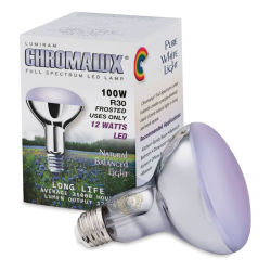 Chromalux Full Spectrum LED Light Bulb - 12 Watt R30 Natural White Bulb shown in front of package