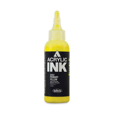 Holbein Acrylic Ink - Front of 100 Ml Primary Yellow bottle