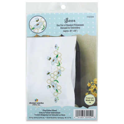 Design Works Stamped For Embroidery Pillowcase - Bees, Pkg of 2, front of packaging