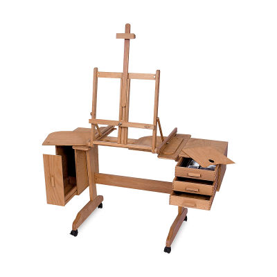 Mabef Painting Workstation Easel - Shown with Mast raised, storage drawers and cabinet open
