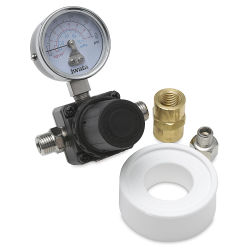 Iwata Pressure Regulator and Gauge - Angled view showing adjustment knob, tape and adaptors adjacent
