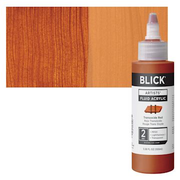 Open in modal - Blick Artists’ Fluid Acrylic - Transoxide Red, 100 ml bottle and swatch
