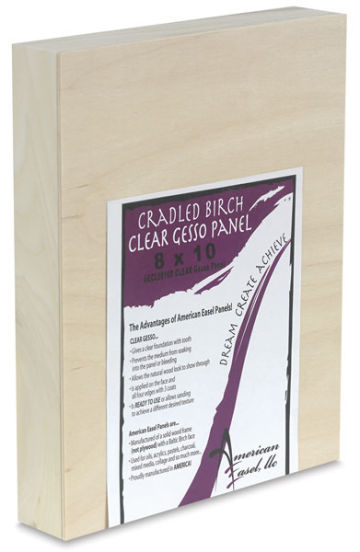 Open in modal - Clear Gessoed Wood Panels - Angled view of panel with label