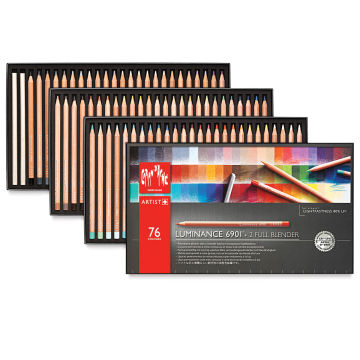 Caran d'Ache Luminance Colored Pencils-Set of 76. Outside of package and three open pencil trays.