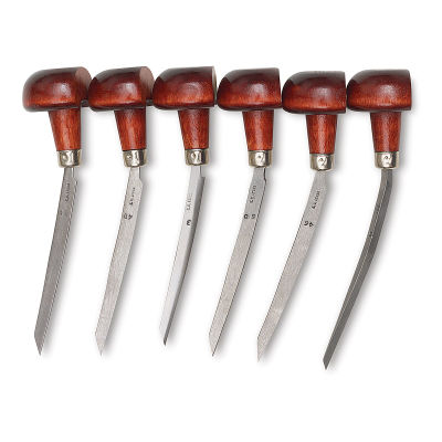 Burins - Set of 6 Tools shown with wooden handles upright