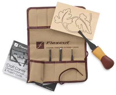 Flexcut Craft Kits - 5 pc Set shown with Instructions and open roll
