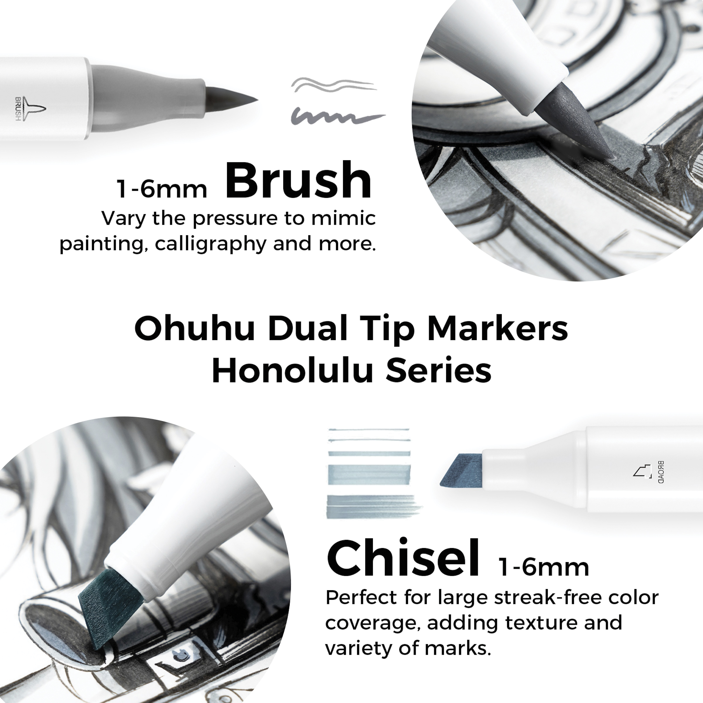 Ohuhu Honolulu Dual Tip Marker Sets - Set of 36, Grayscale
