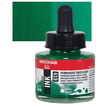 Open in modal - Amsterdam Acrylic Ink - Permanent Green Deep, 30 ml bottle and swatch