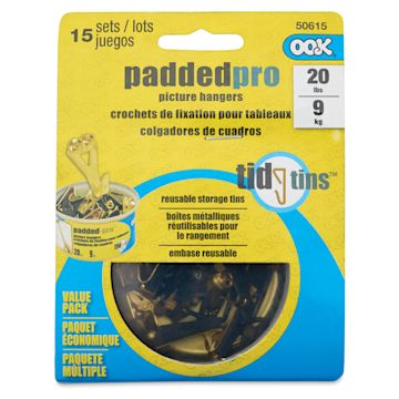 Open in modal - Ook Padded Pro Picture Hangers - Tidy Tin, 20 lb, Pkg of 15, front of the packaging