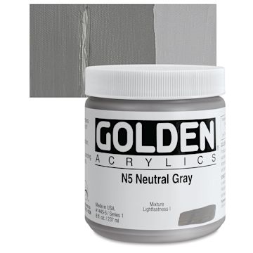 Open in modal - Golden Heavy Body Artist Acrylic - Neutral Gray N5, 8 oz Jar and swatch