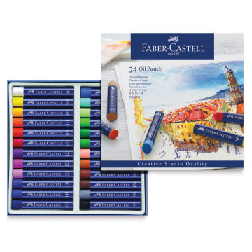 Faber-Castell Goldfaber Studio Oil Pastel Set - Package open showing tray of 24 colors