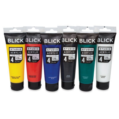 Blick Studio Acrylic Paints - Set of 6 colors, 120 ml tubes. Front of standing set of tubes.