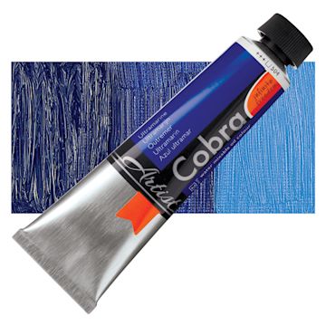 Open in modal - Royal Talens Cobra Water Mixable Oil Paint - Ultramarine, 40 ml tube and swatch