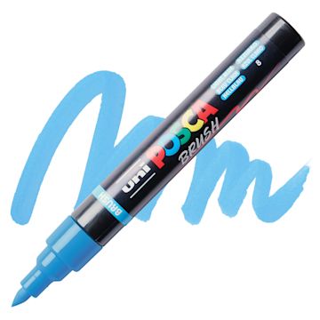 Open in modal - Posca Brush Paint Marker - Light Blue, Brush Tip, swatch and marker