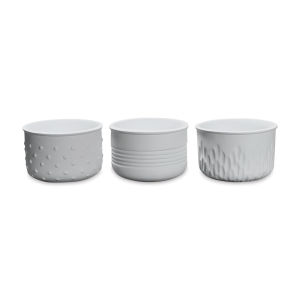 Mayco Earthenware Bisque Textured Planters - Front view of three patterns of planters shown