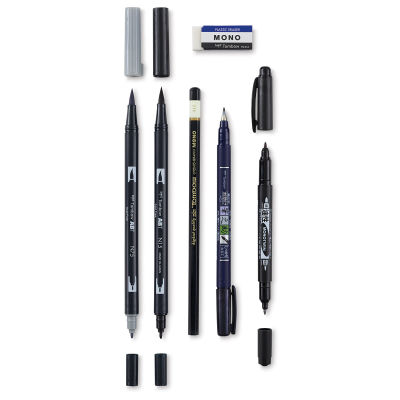 Tombow Lettering Sets - Components of Beginner Set shown in row