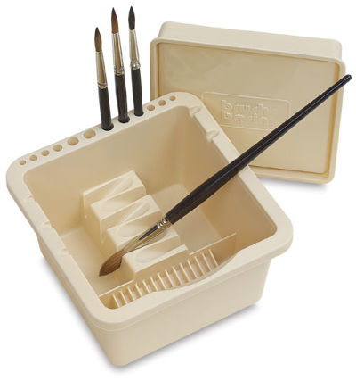 Brush Bin - open with 3 brushes standing in exterior holder and 1 in angled holder for soaking