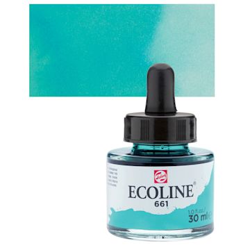 Open in modal - Ecoline Liquid Watercolor with Dropper - Turquoise Green, 30 ml jar and swatch