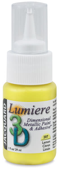 Jacquard Lumiere 3D Metallic Paint and Adhesive - Front of Lemon Yellow bottle
