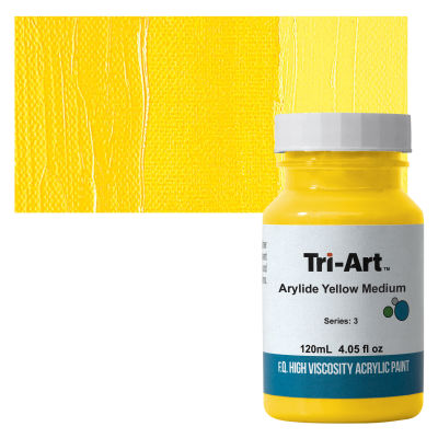 Tri-Art High Viscosity Artist Acrylic - Arylide Yellow Medium, 120 ml jar with swatch