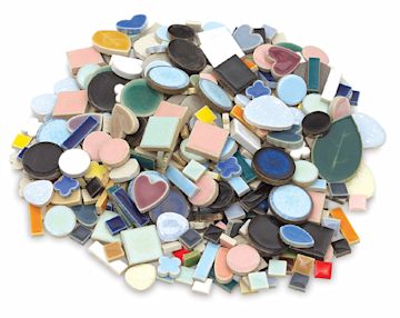 Open in modal - Jennifer's Mosaics Ceramic Tiles - Top view of pile of Assorted Shape Ceramic Tiles