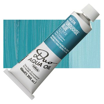 Open in modal - Holbein Duo Aqua Water Soluble Oil - Turquoise Blue, 40 ml tube and swatch