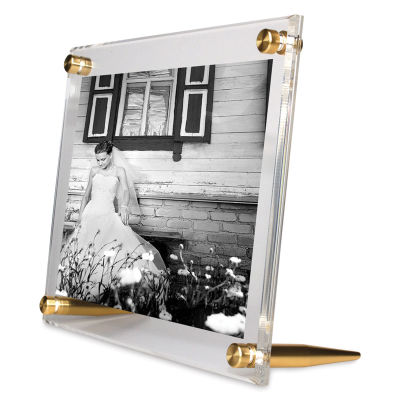 Wexel Art Acrylic Tabletop Frames - Angled photo of bride in acrylic frame with gold hardware