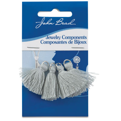 John Bead Poly Cotton Tassels - Front of blister package of 4 Grey Tassels