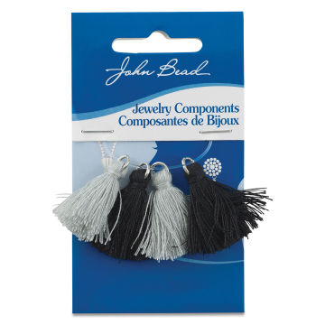 John Bead Poly Cotton Tassels - Front of blister package of 4 Black and Gray Tassels
