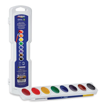 Prang Semi-Moist Watercolor Pans - 8-Assorted Colors Set, Oval. Open with brush and  standing lid. 