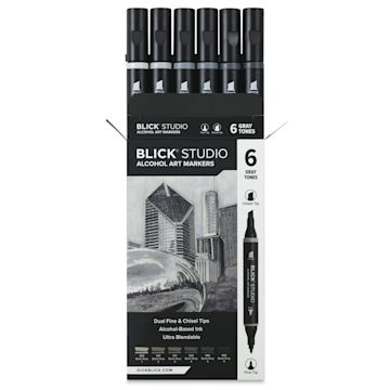 Open in modal - Blick Studio Double-Ended Alcohol Art Markers - Gray Tones, Set of 6, packaging