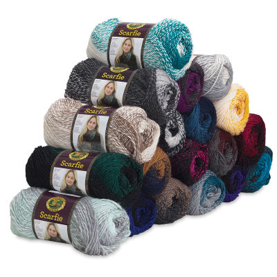 Lion Brand Scarfie Yarn - Left angle view of pyramid of multiple skeins of yarn