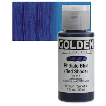 Open in modal - Golden Fluid Acrylic - Phthalo Blue (Red Shade), 1 oz bottle and swatch