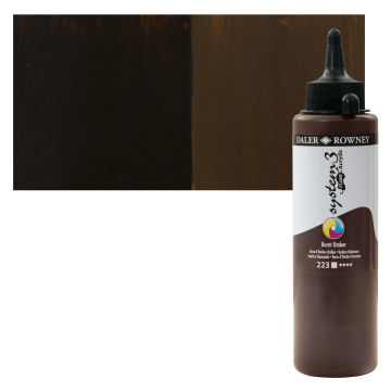 Daler-Rowney System3 Fluid Acrylics - Burnt Umber, 250 ml swatch with bottle