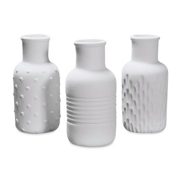 Mayco Earthenware Bisque Bud Vases - Front view of 3 different patterns of unglazed vases