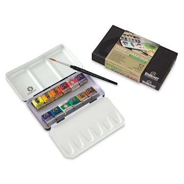 Open in modal - Rembrandt Watercolor Half Pan Set - 12 Landscape colors in open tin, with  sable brush and package