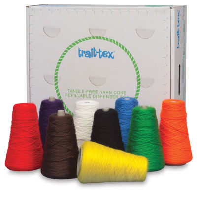 Trait-Tex Standard Weight Yarn - 9 spools of Bright Colors shown in front of package