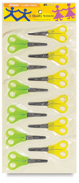 Snippy Scissors - Top view of package of 12 Yellow and Green Blunt Scissors
