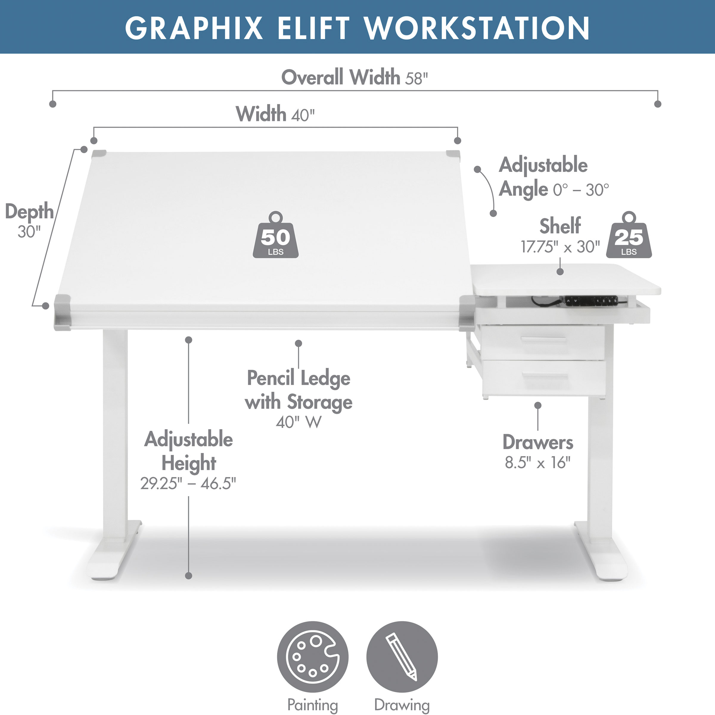 Studio Designs Graphix E-Lift Workstation with Drawers