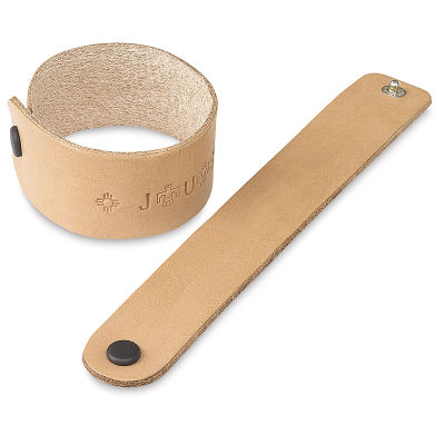 Realeather Leather Wristbands - Natural, 1" x 8", one wristband laid out flat and one with a finished design