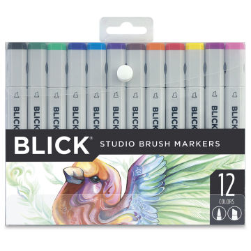 Blick Studio Brush Markers - Set of 12 Assorted Colors. Front of package.