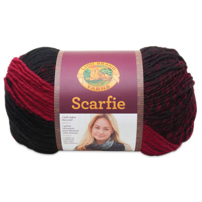 Lion Brand Scarfie Yarn - Black/Cranberry, 312 yds