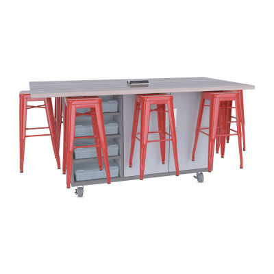 CEF Ed8 Work Table with Stools, 42"H table with red stools and Folkstone Hex finish.