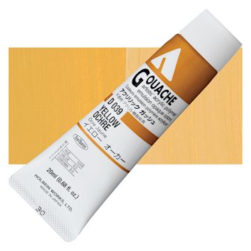 Open in modal - Holbein Acrylic Gouache - Yellow Ochre, 20 ml tube and swatch