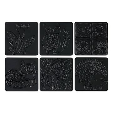 Open in modal - Cedar Canyon Rubbing Plates - Front view of 6 Forest and Friends design plates