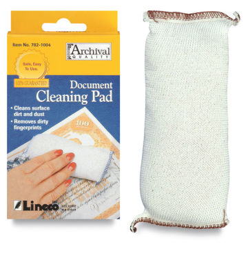 Lineco Document Cleaning Pad - Pad upright next to package
