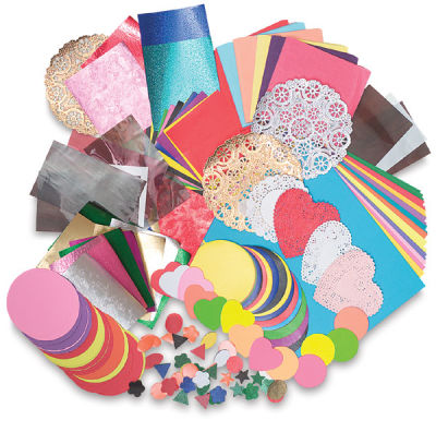Hygloss Ultimate Collage Pak - Scattered piles of assorted colors and shapes of paper included
